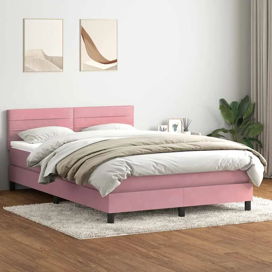Sommier à lattes de lit avec matelas et LED rose 160x210 cm velours - 4