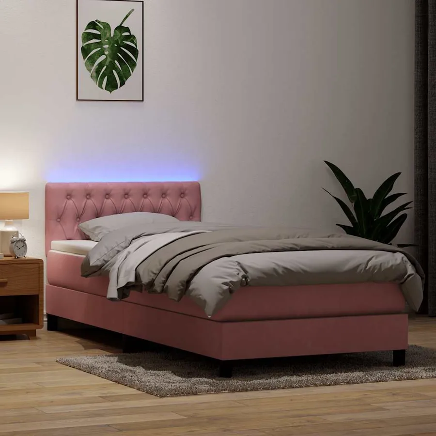 Sommier à lattes de lit avec matelas et LED rose 80x220 cm velours