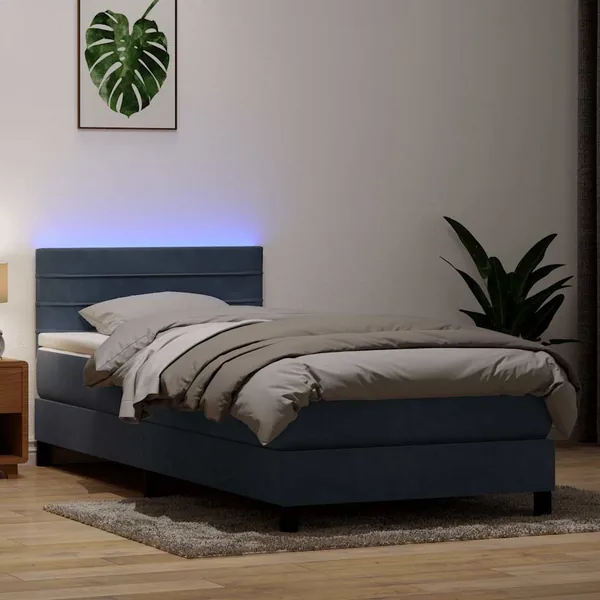 Sommier à lattes de lit et matelas et LED gris foncé 90x210 cm velours