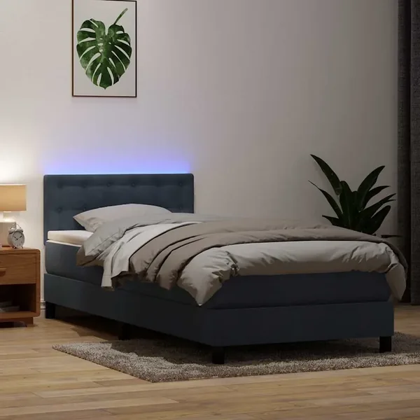 Sommier à lattes de lit et matelas et LED gris foncé 90x210 cm velours