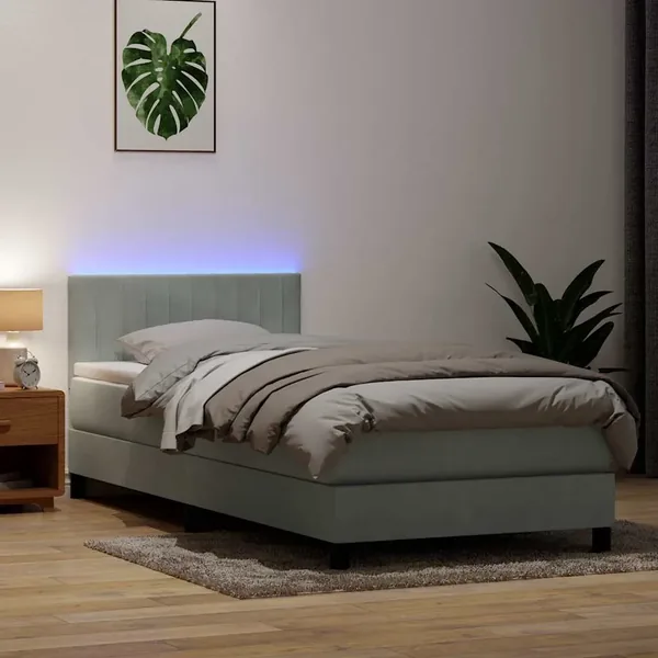 Sommier à lattes de lit et matelas et LED gris clair 80x210 cm velours