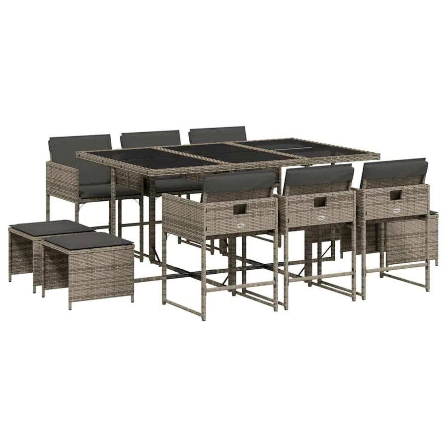 Ensemble à manger de jardin 11pcs avec coussins gris poly rotin - 2