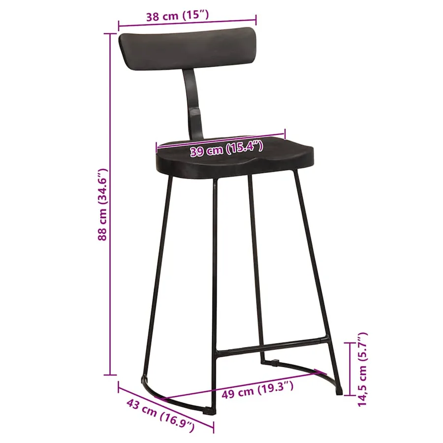 Tabourets de bar lot de 2 noir 49x43x88 cm bois manguier massif - 9