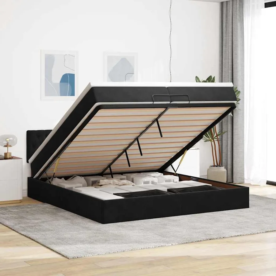 Cadre de lit ottoman avec matelas noir 200x200cm velours