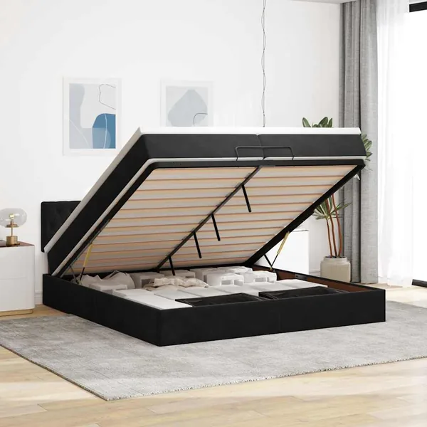 Cadre de lit ottoman avec matelas noir 200x200cm velours