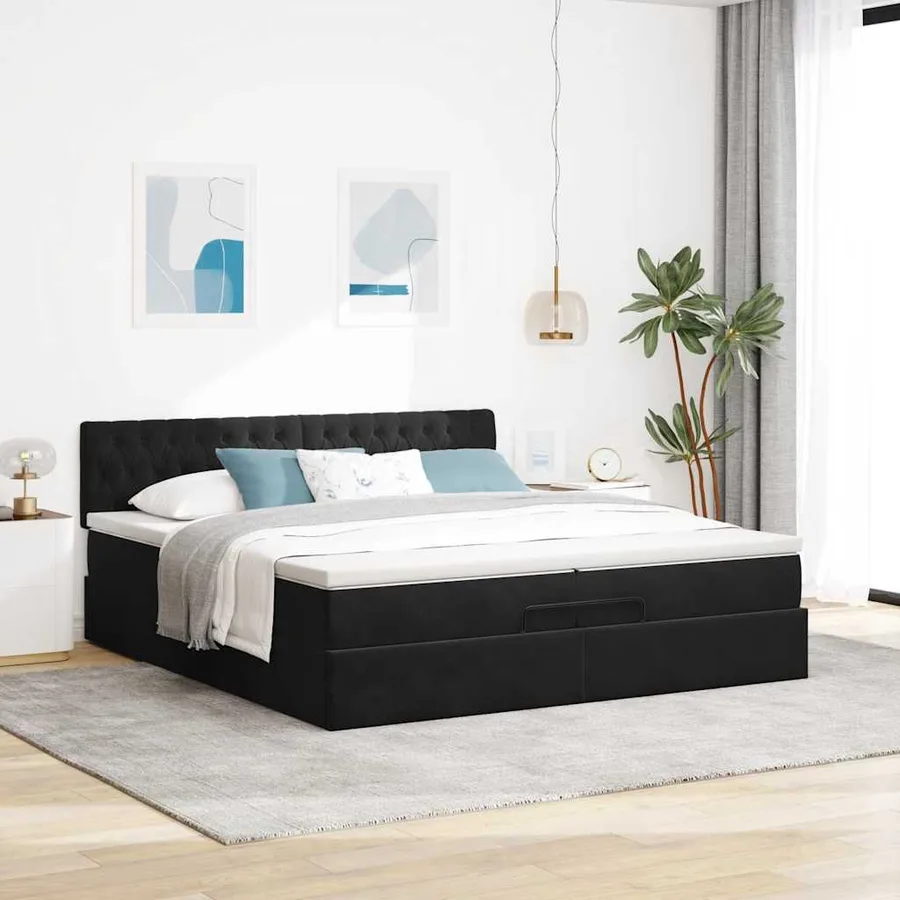 Cadre de lit ottoman avec matelas noir 200x200cm velours - 4