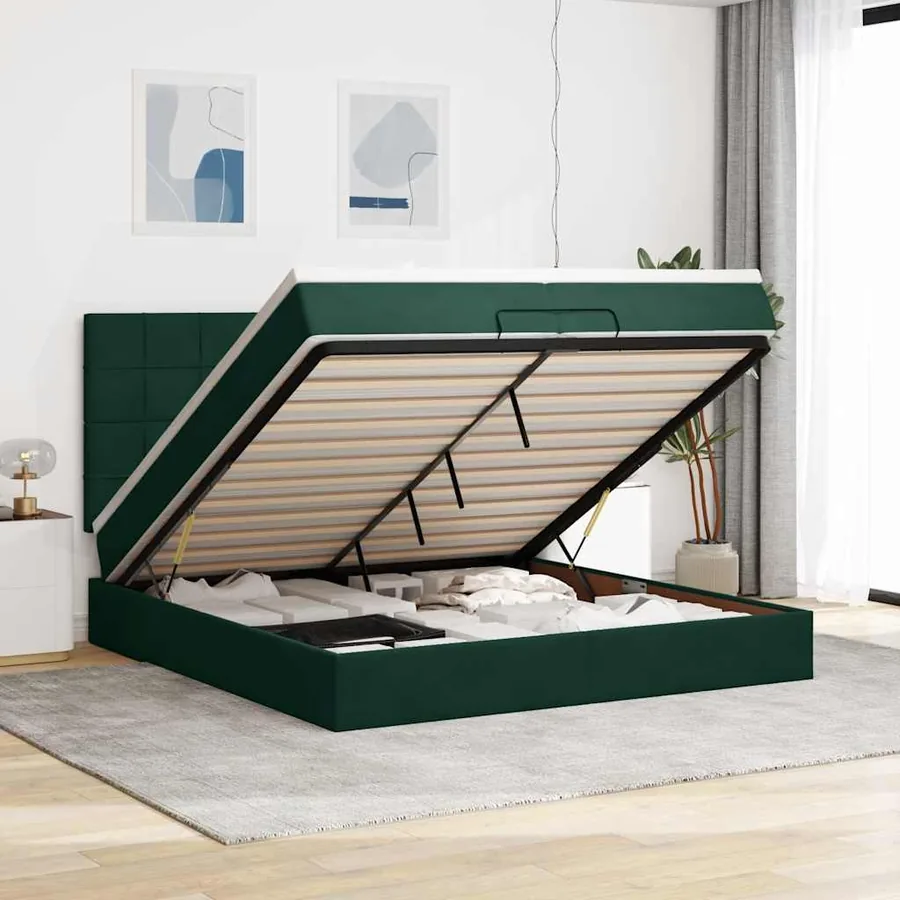 Cadre de lit ottoman avec matelas vert foncé 200x200 cm velours