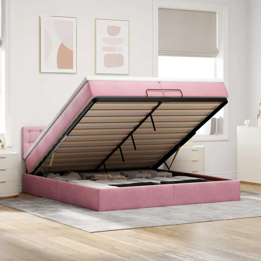 Cadre de lit ottoman avec matelas rose 200x200 cm velours