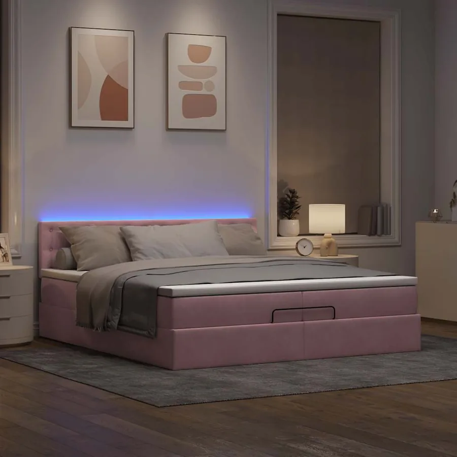 Cadre de lit ottoman avec matelas rose 200x200 cm velours - 3