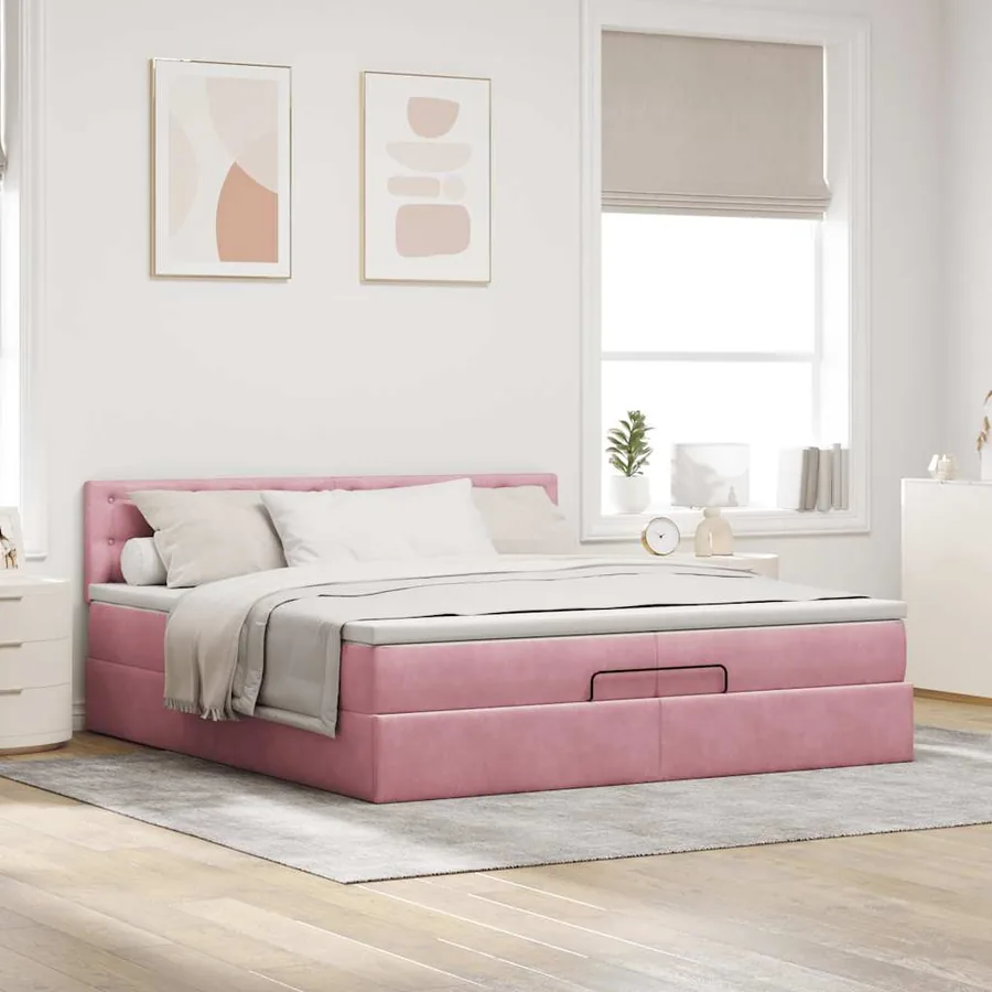Cadre de lit ottoman avec matelas rose 200x200 cm velours - 4