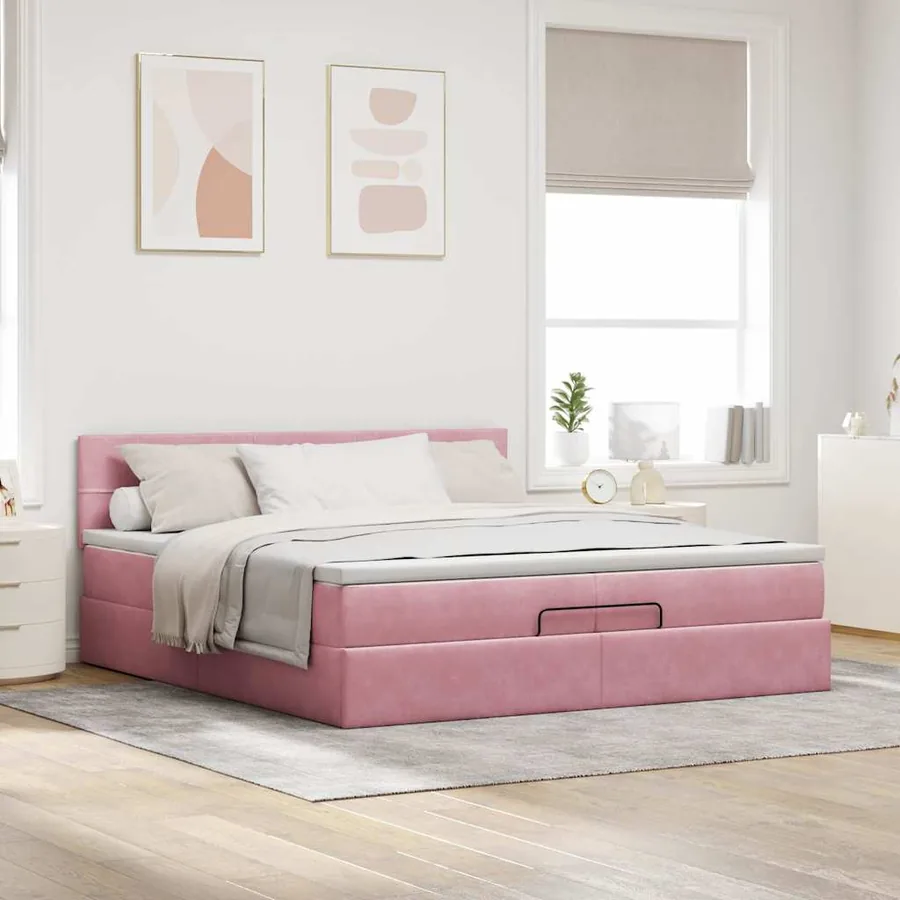 Cadre de lit ottoman avec matelas rose 200x200 cm velours - 4