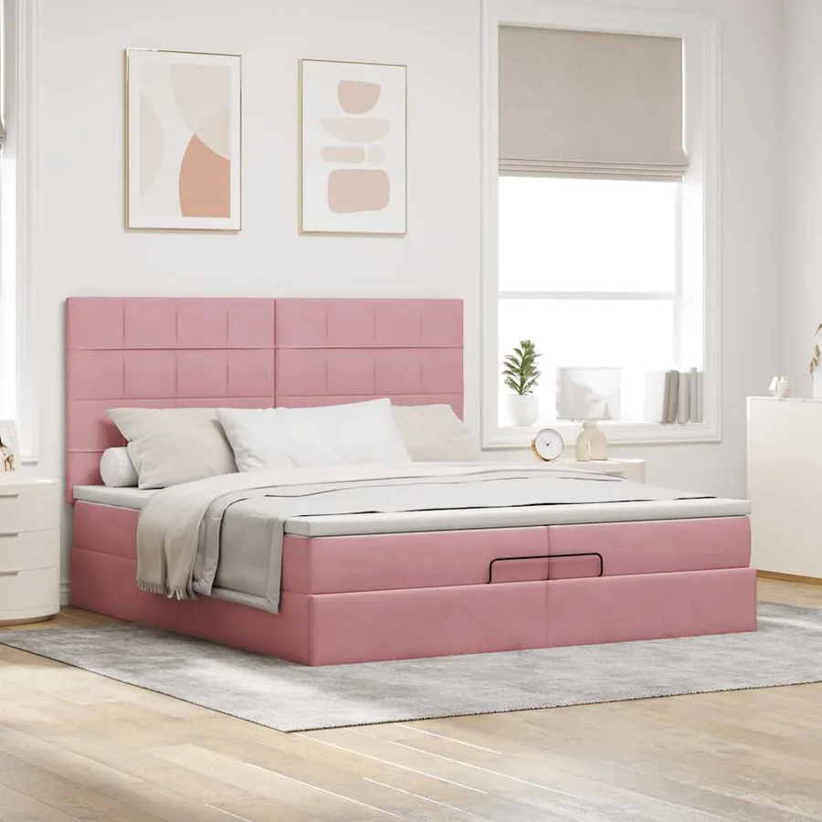 Cadre de lit ottoman avec matelas rose 200x200 cm velours - 3
