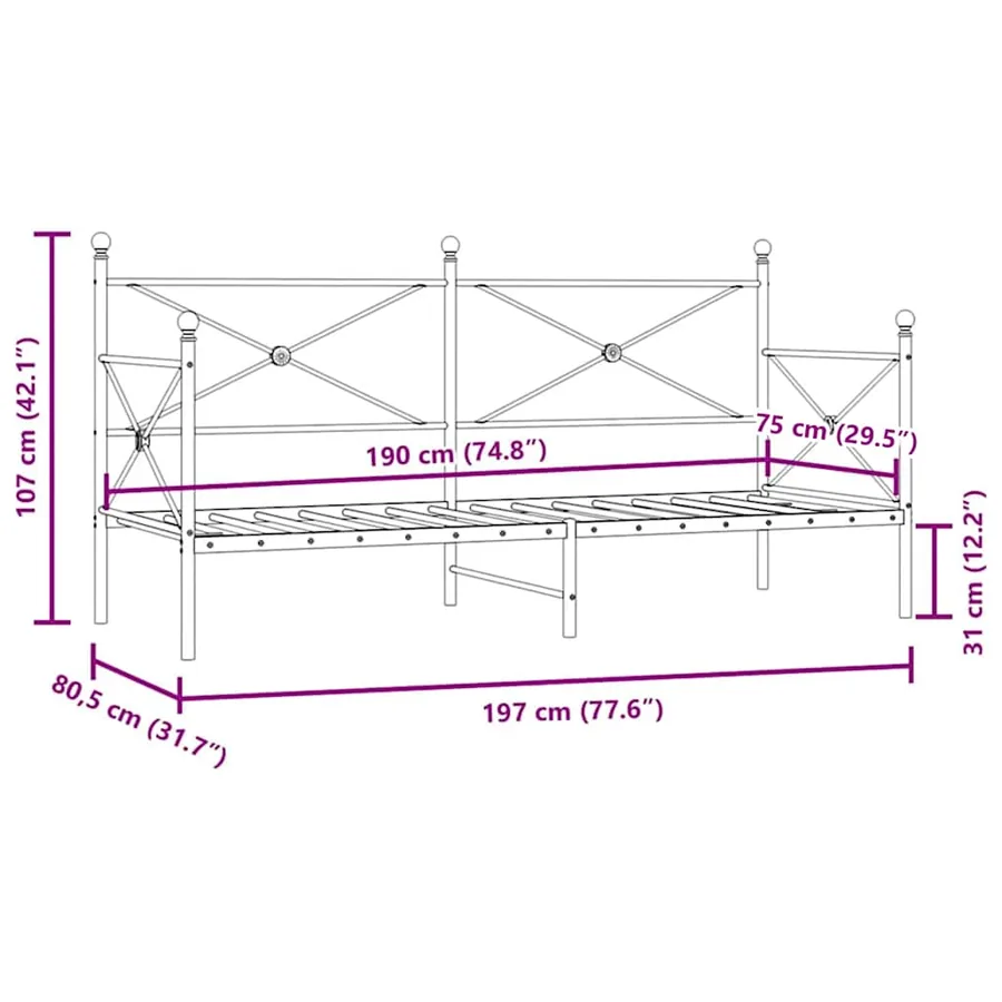 Lit de jour sans matelas noir 75x190 cm acier - 11