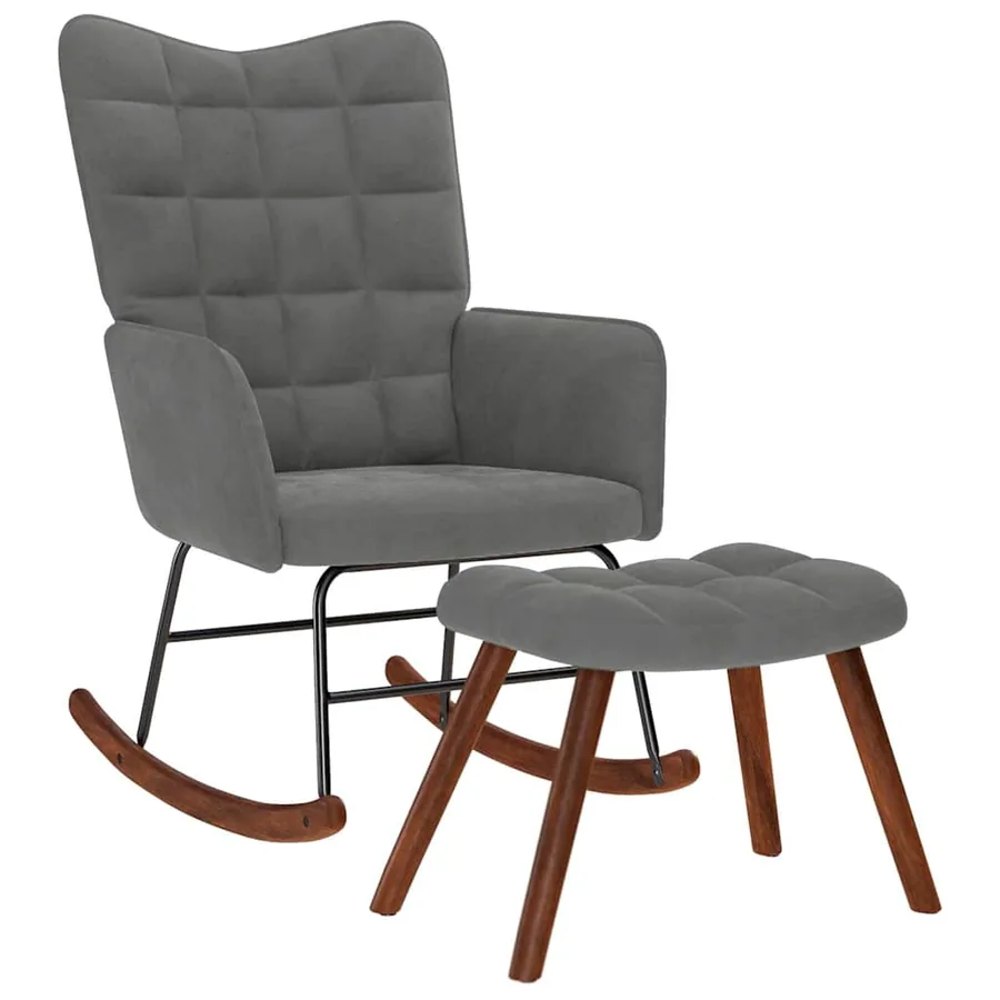 Chaise à bascule avec tabouret en velours gris foncé