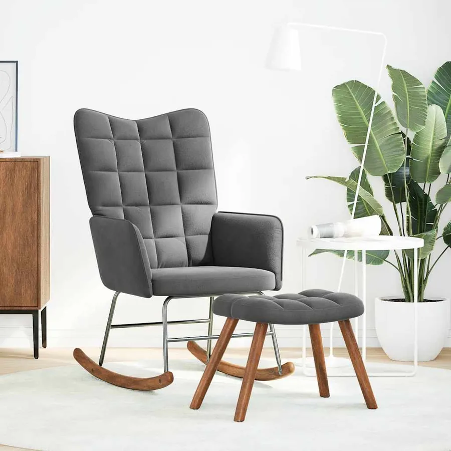 Chaise à bascule avec tabouret en velours gris foncé - 2