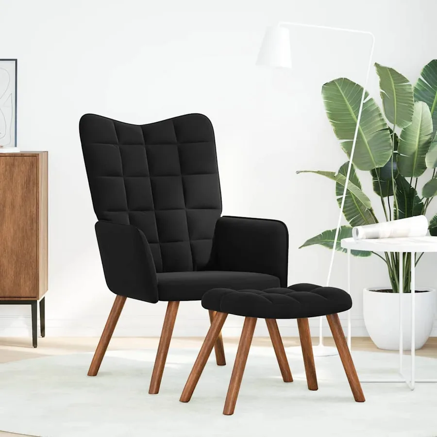 Fauteuil relax avec tabouret en velours noir - 2
