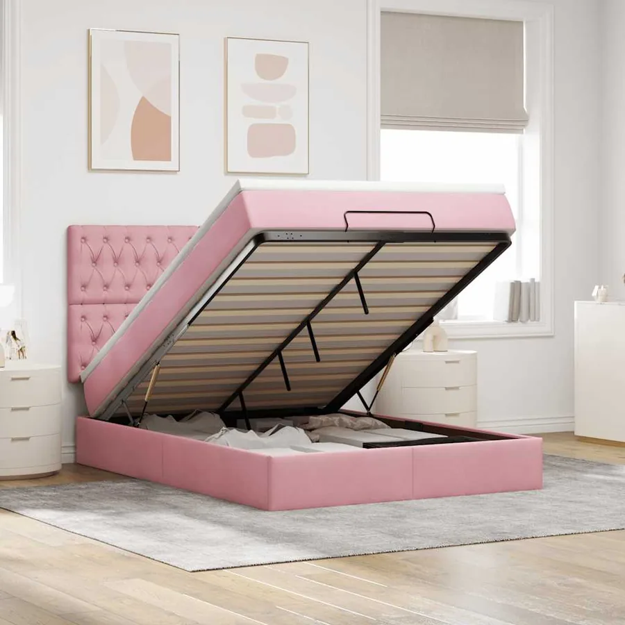 Cadre de lit ottoman avec matelas rose 140x200 cm velours
