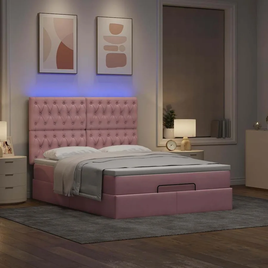 Cadre de lit ottoman avec matelas rose 140x200 cm velours - 3