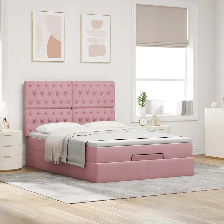 Cadre de lit ottoman avec matelas rose 140x200 cm velours - 4