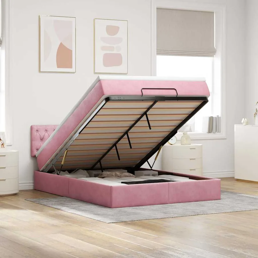 Cadre de lit ottoman avec matelas rose 140x200 cm velours