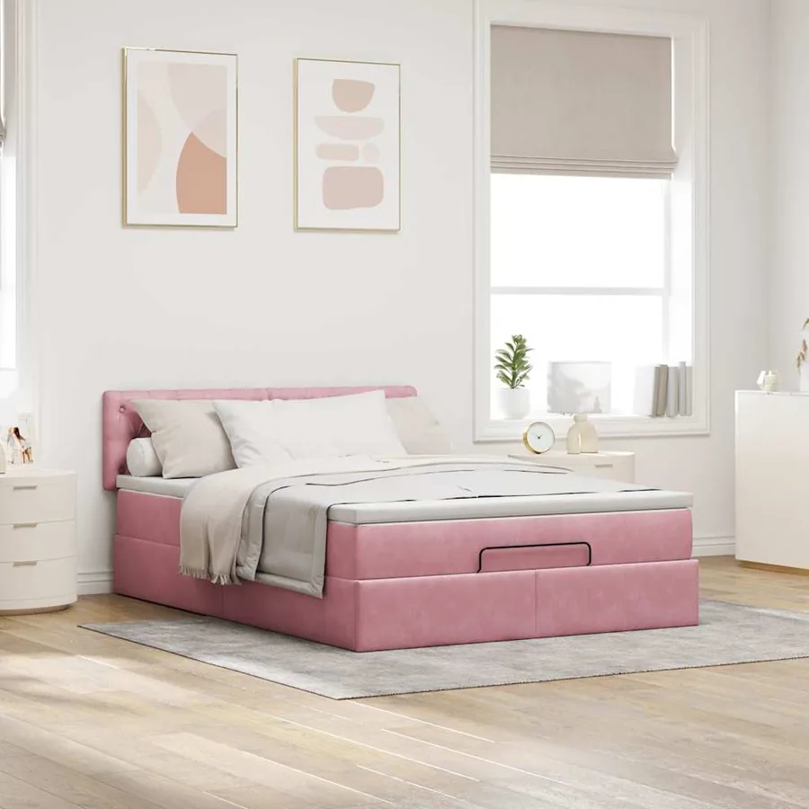Cadre de lit ottoman avec matelas rose 140x200 cm velours - 3