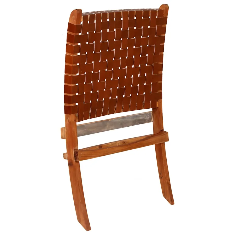 Chaise pliable bandes croisées marron cuir véritable - 10