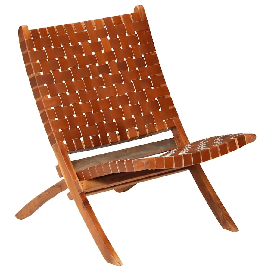 Chaise pliable bandes croisées marron cuir véritable - 13