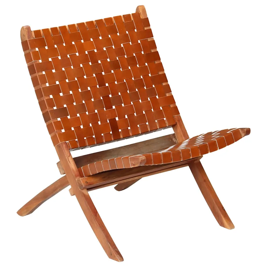 Chaise pliable bandes croisées marron cuir véritable - 14