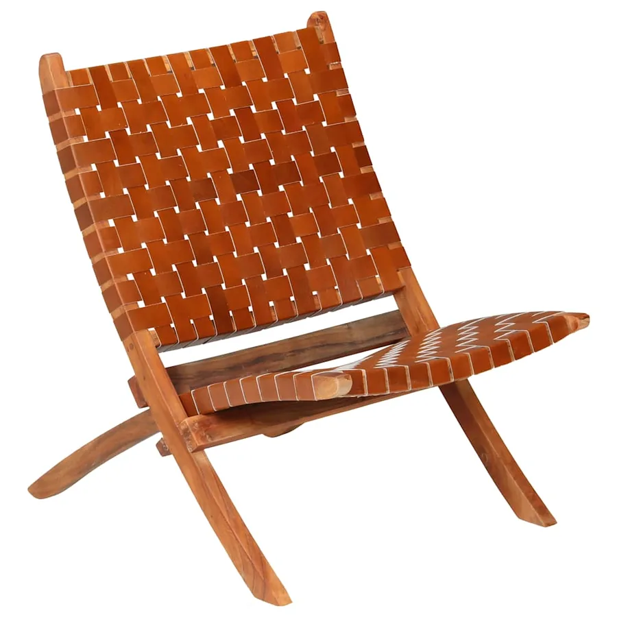 Chaise pliable bandes croisées marron cuir véritable - 15