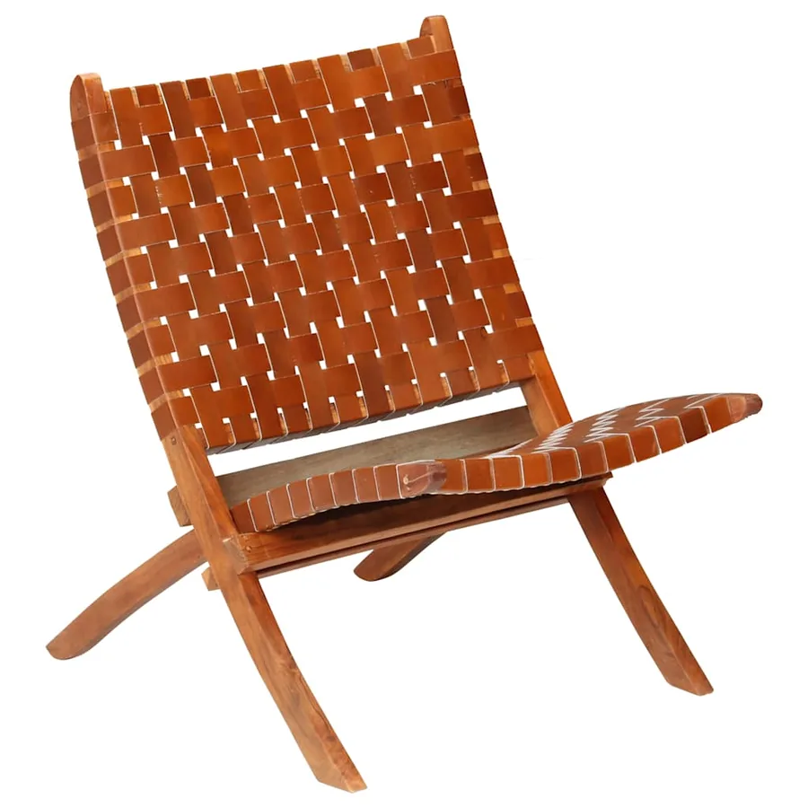 Chaise pliable bandes croisées marron cuir véritable - 16