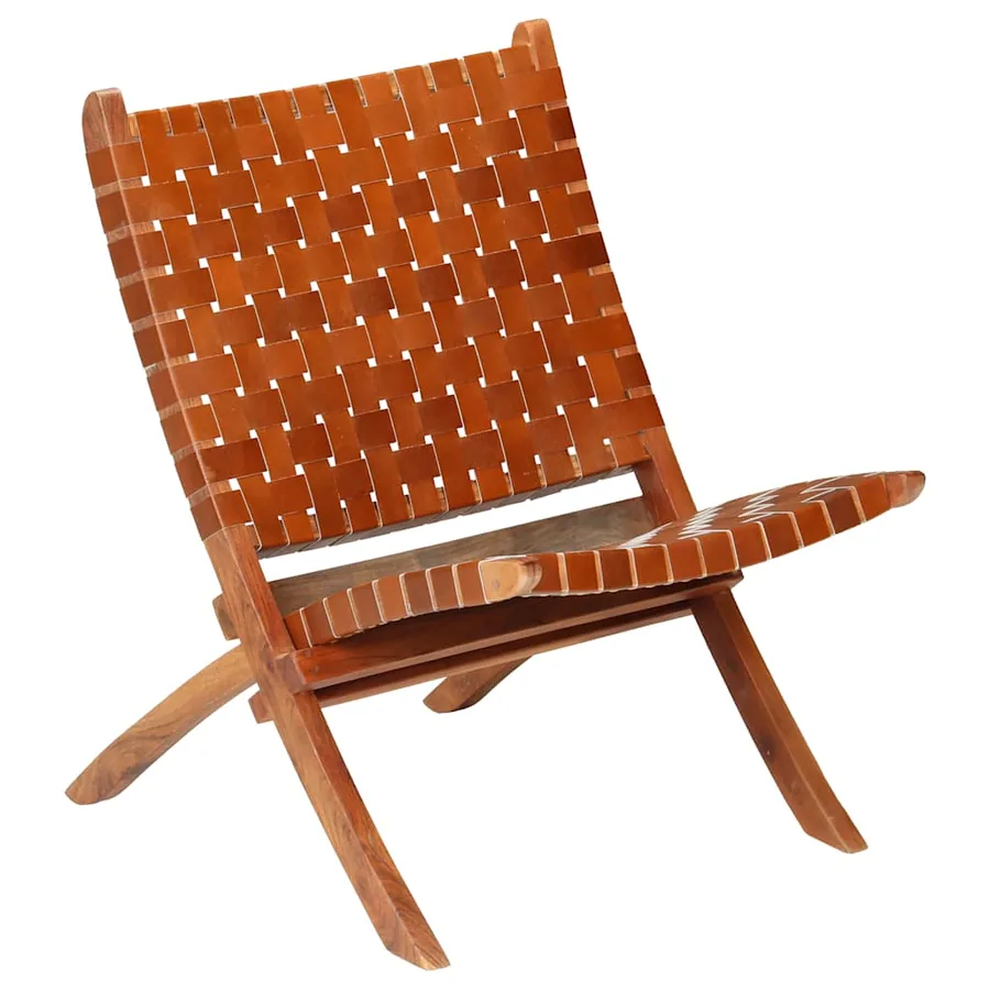 Chaise pliable bandes croisées marron cuir véritable - 17