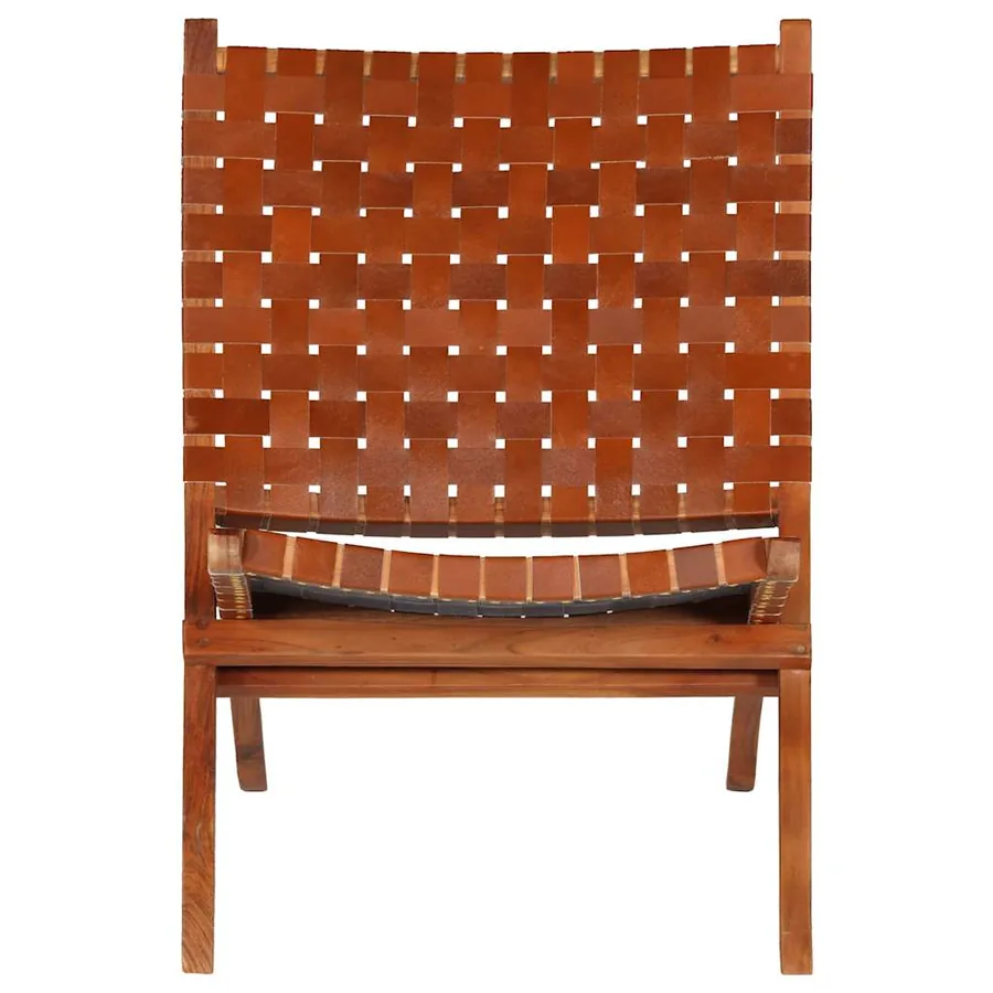 Chaise pliable bandes croisées marron cuir véritable - 2