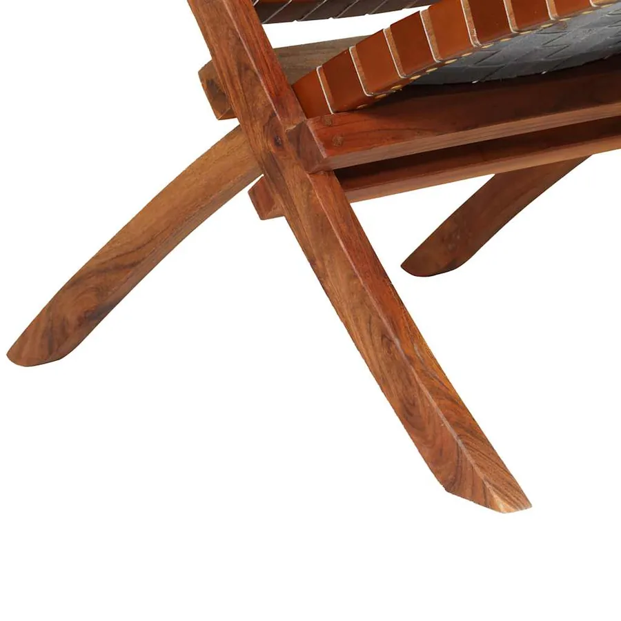 Chaise pliable bandes croisées marron cuir véritable - 8