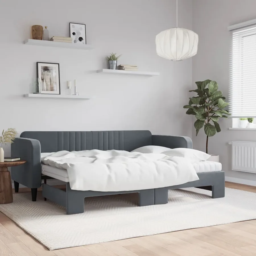 Lit de jour avec gigogne et matelas gris foncé 80x200cm velours