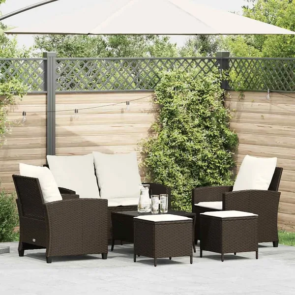 Ensemble de canapé de jardin 6 pcs avec coussins marron résine tressée