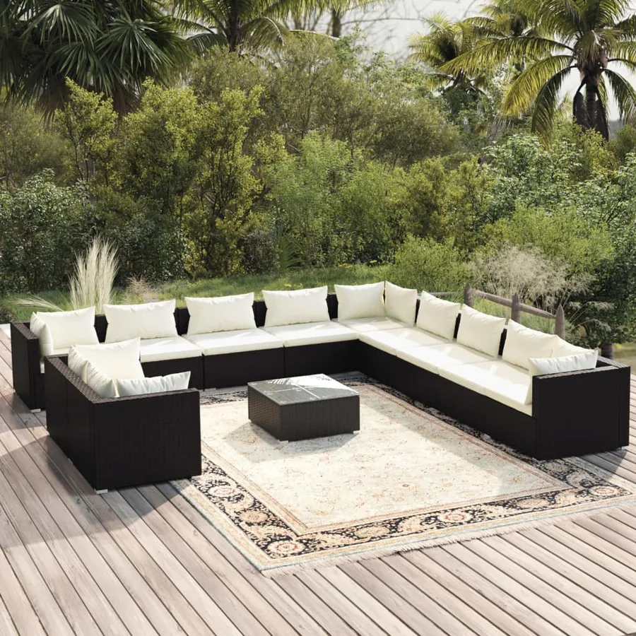 Salon de jardin 12 pcs avec coussins Noir Résine tressée