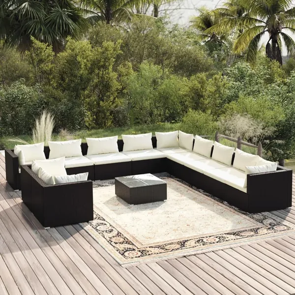Salon de jardin 12 pcs avec coussins Noir Résine tressée