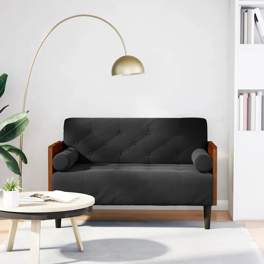 Canapé deux places avec coussins cylindriques velours noir 110 cm
