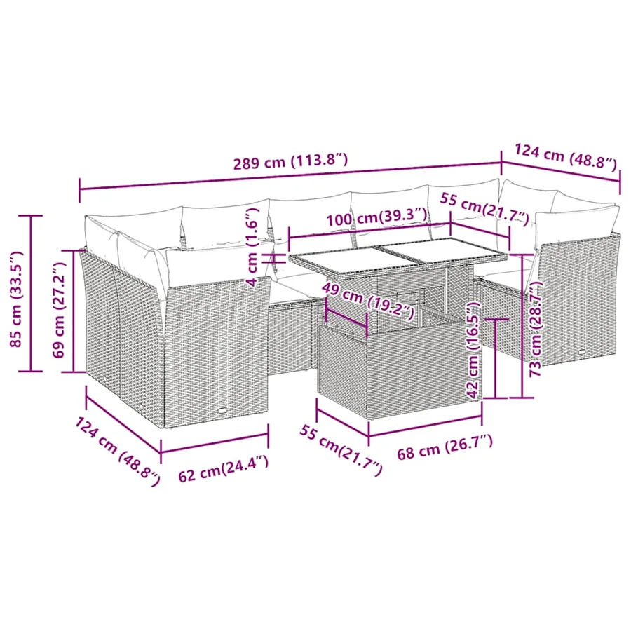 Salon de jardin avec coussins 8 pcs gris résine tressée acacia - 12