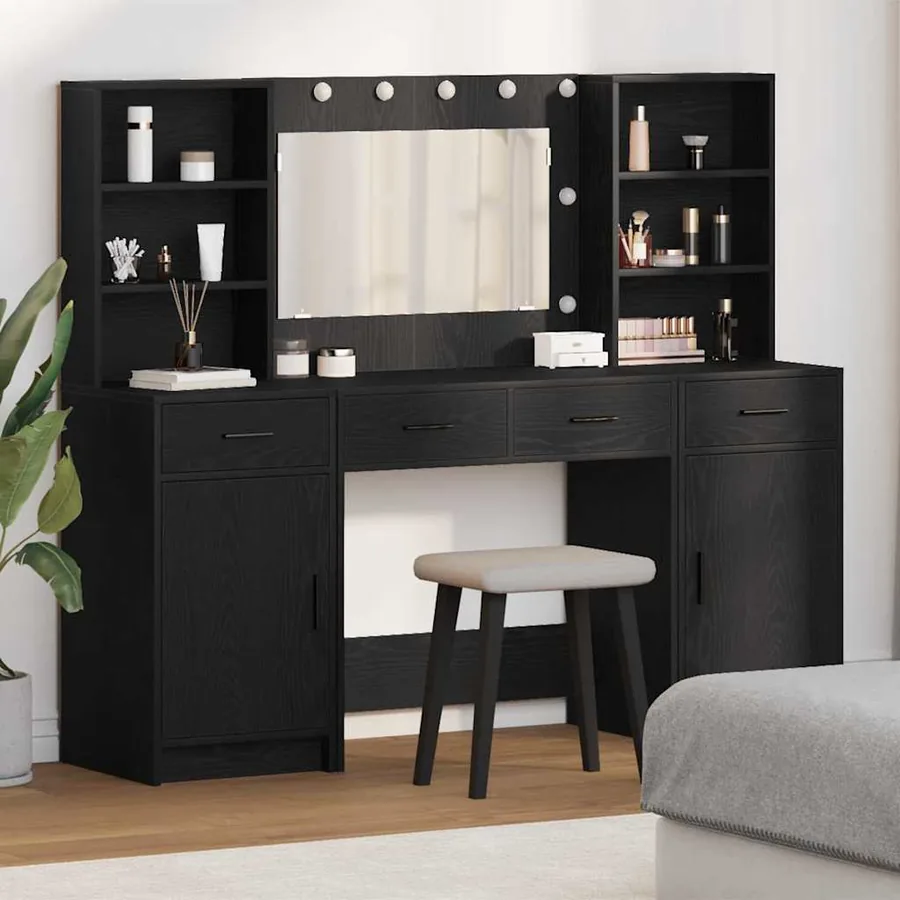 Ensemble de table de maquillage avec LED 3 pcs Chêne noir