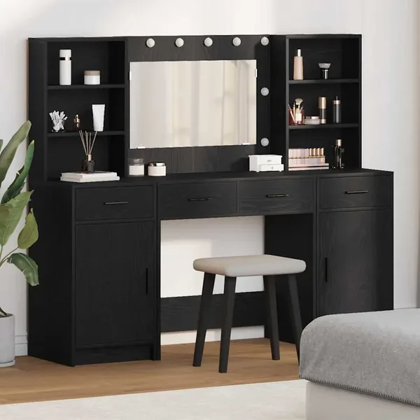 Ensemble de table de maquillage avec LED 3 pcs Chêne noir