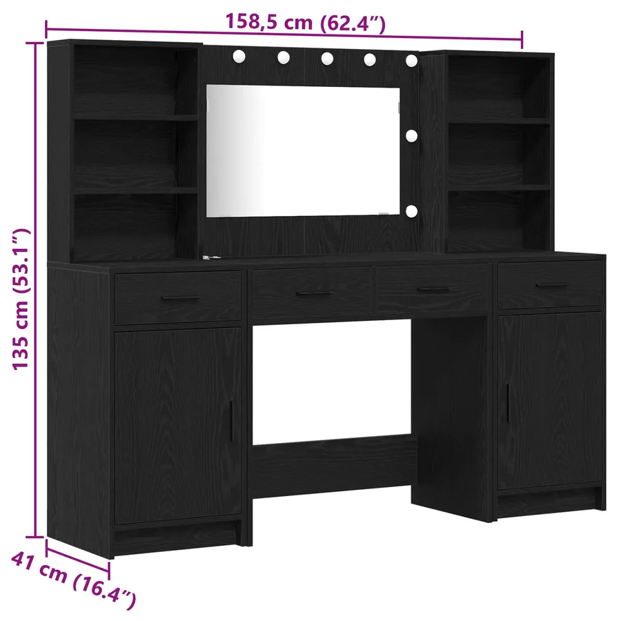 Ensemble de table de maquillage avec LED 3 pcs Chêne noir - 15