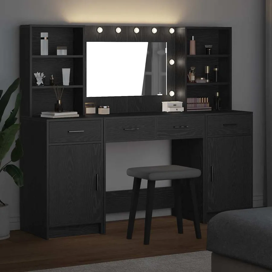 Ensemble de table de maquillage avec LED 3 pcs Chêne noir - 4