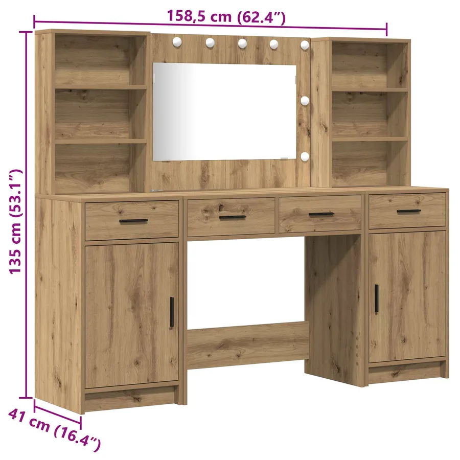 Ensemble de table de maquillage avec LED 3 pc Chêne artisanal - 15