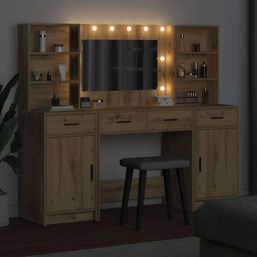 Ensemble de table de maquillage avec LED 3 pc Chêne artisanal - 3