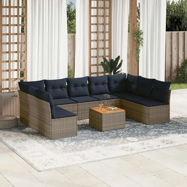 Salon de jardin 10 pcs avec coussins gris résine tressée