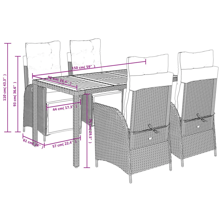 Ensemble à manger de jardin coussins 5pcs Noir Résine tressée - 9