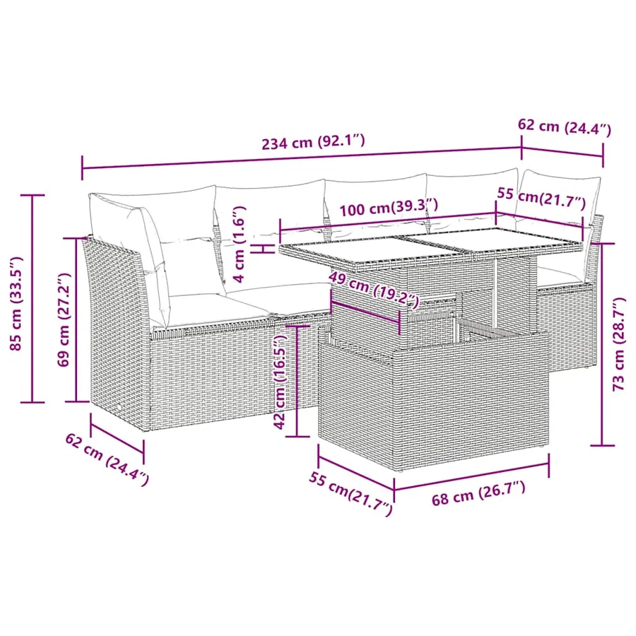 Salon de jardin 5 pcs avec coussins gris résine tressée acacia - 11