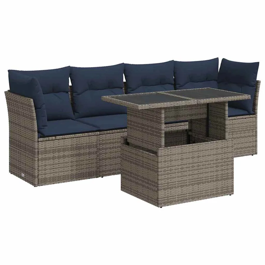 Salon de jardin 5 pcs avec coussins gris résine tressée acacia - 2