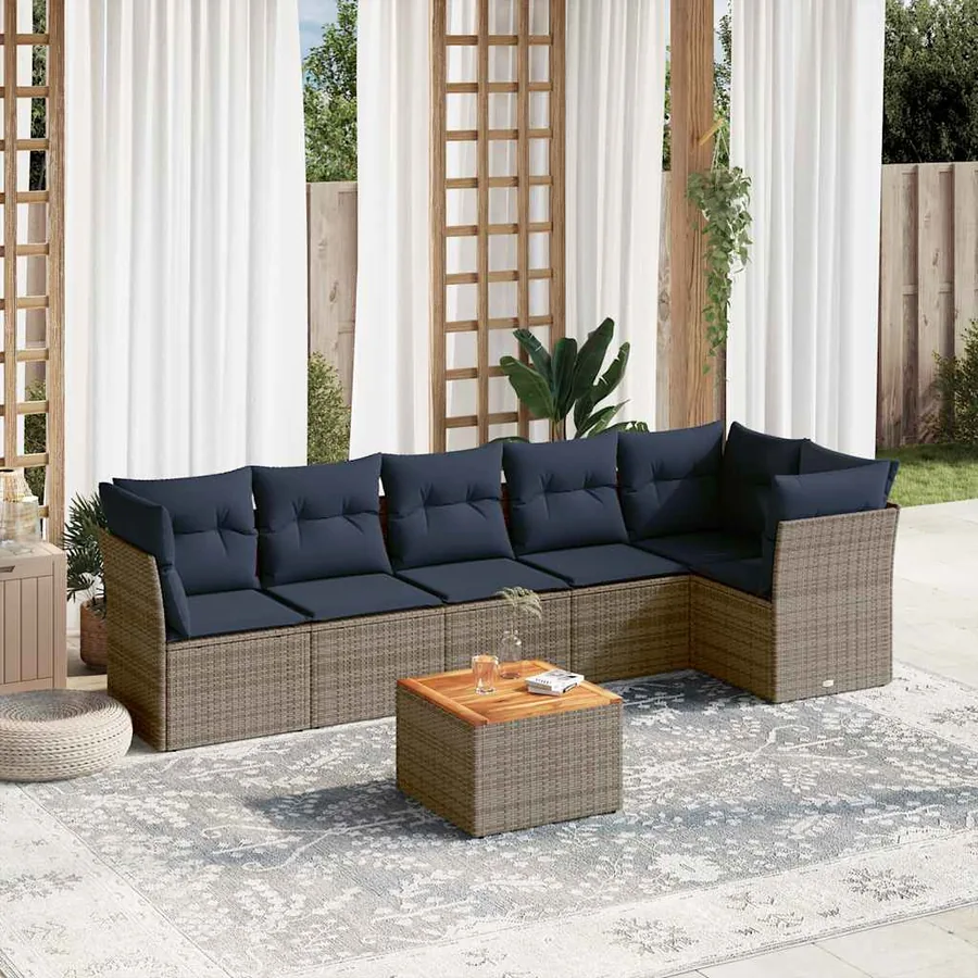 Salon de jardin 7 pcs avec coussins gris résine tressée